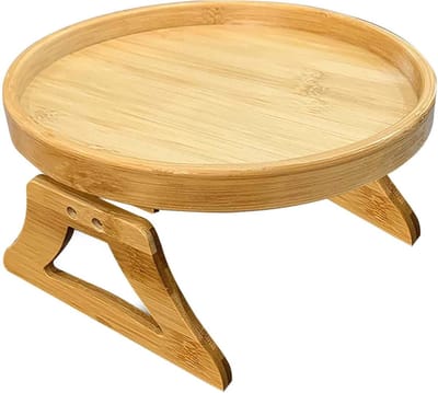 Tafel met armleuningen - Bank dienblad - Dranken en snacks - Klaptafel ontwerp - 25 cm diameter - Houtkleur