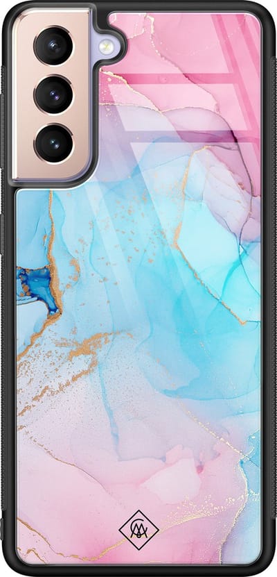 Casimoda® hoesje - Geschikt voor Samsung Galaxy S21 - Marmer blauw roze - Luxe Hard Case Zwart - Backcover telefoonhoesje - Multi