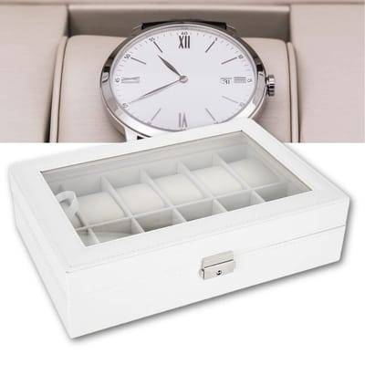 JHUBERS- Horloge Box 12 Compartimenten - Horloge Doos - Horlogebox Hout - Horloge Etui - Presentatie Box - PU Leer met Glasplaat - Horloge Organizer