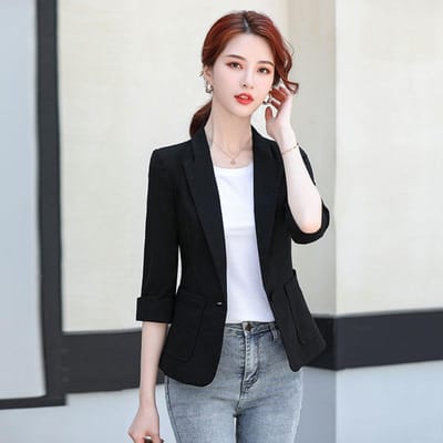 Klein colbert voor dames in de zomer dun casual nieuw kort klein sluiting mouw linnen halflange mouw pak XL black