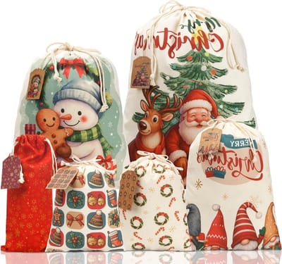 Extra grote trekkoord kerstgeschenktassen - 6 stuks herbruikbare canvas tassen voor wijnflessen, feestdecoraties en cadeauverpakking