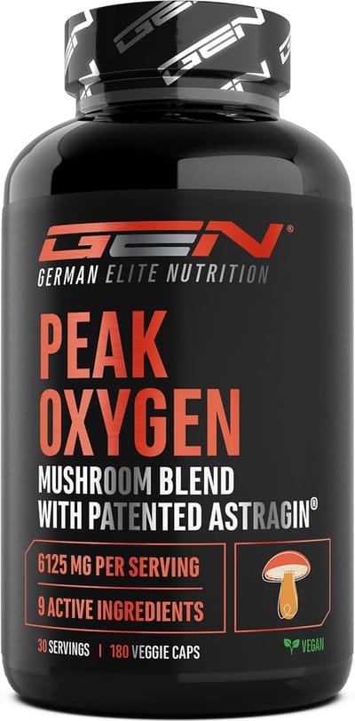 GEN Peak Oxygen Paddenstoelencomplex - 180 Capsules - 6 Paddenstoelextracten (Cordyceps, Reishi, Shiitake, Hericium/Lion's Mane, Oesterzwam, Maitake) met Betaïne, Taurine & AstraGin - Vegan