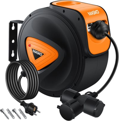 MASKO® Kabelhaspel 10 meter automatisch voor buiten met 3 stopcontacten Wandmontage 1,5m Aansluitkabel Inclusief Handschoenen - Oranje