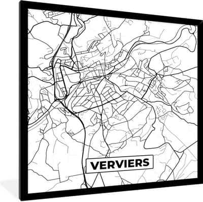 Fotolijst incl. Poster Zwart Wit- Kaart – Plattegrond – Stadskaart – Verviers – België – Zwart Wit - 40x40 cm - Posterlijst