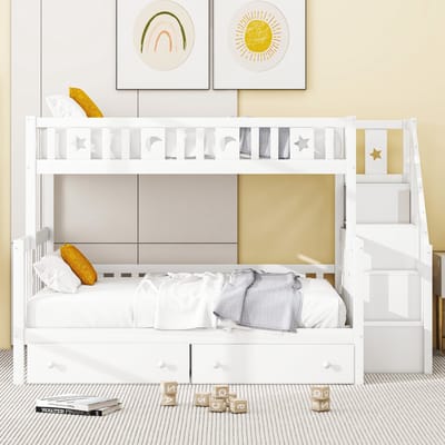 Strovea Kinderbed Stapelbed 90x200/140x200 cm Massief Hout met Veilige Trap, 2 Grote Lades en Lattenbodem, Wit