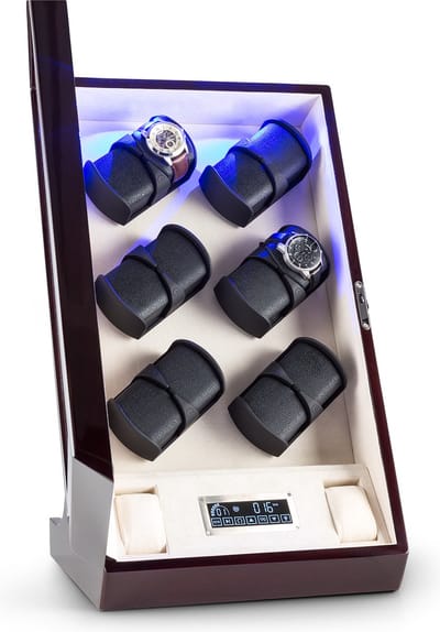 Klarstein Klingenthal Horlogeopwinder, voor 14 horloges, Touch-bediening, Rechts-links-loop, Vitrine, LED-verlichting, bruin