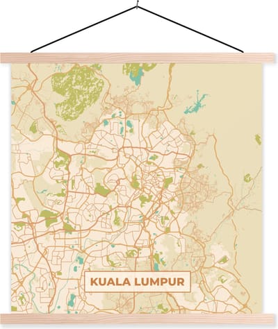 Posterhanger incl. Poster 40x40 cm - Schoolplaat - Kuala Lumpur - Stadskaart - Plattegrond - Vintage - Kaart - Textielposter - Blanke latten - Stadskaart