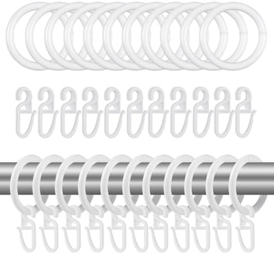 Gordijnringen Set, 50 Stuks Douchegordijnringen en 50 Gordijnhaken, 30 mm Binnendiameter, Wit, Kunststof, Afneembare Douchegordijnringen, voor Raamgordijn, Bedgordijn, Douchegordijn | kunsts