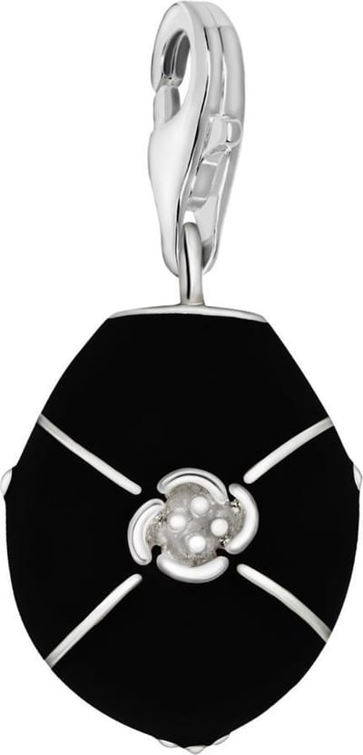 Quiges – 925 - Zilver – Charm - Bedel - Hanger - Zwarte Ovaal met Bloem - met – sterling - zilver - karabijnslot - geschikt - voor -Bedelarmband HC146