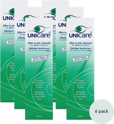 Unicare - Alles-in-één - 6 x 200ml - Lenzenvloeistof voor Harde contactlenzen - Premium Oogverzorging uit Nederland - incl. 6 lenzendoosje