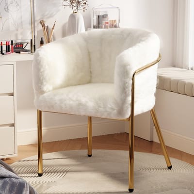 Eetkamerstoel - 1 Stuk - Vrijetijdsstoel Ankleide Stoel - Licht Luxe - Vier Metalen Poten - Kaninchen Bont Imitatie - Wit - WF317938AAB