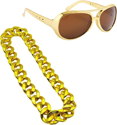 Set van 2 gouden kettingen en zonnebrillen, 90 cm gouden ketting, retro 80s 90s rapper hiphop kostuum voor mannen en vrouwen, Halloween en carnaval outfit