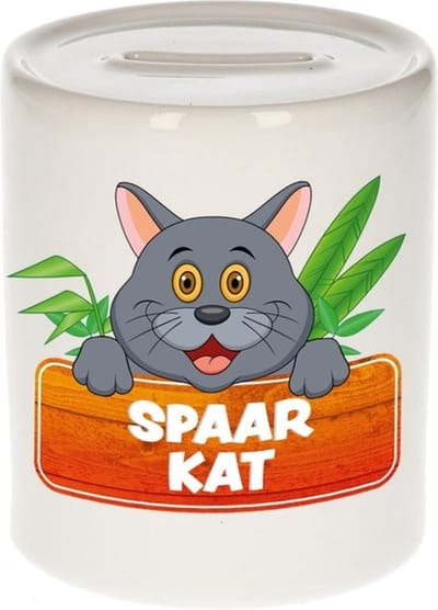 Kinder spaarpot met grijze spaar kat opdruk - keramiek - katten spaarpotten