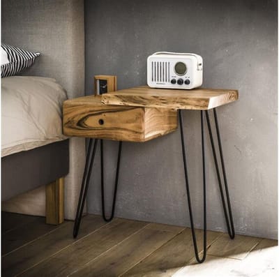 Nachtkastje Timber Rechts Massief Acaciahout met Boomstamrand en Zwart Metalen Poten - Naturel - 60x32x59 cm