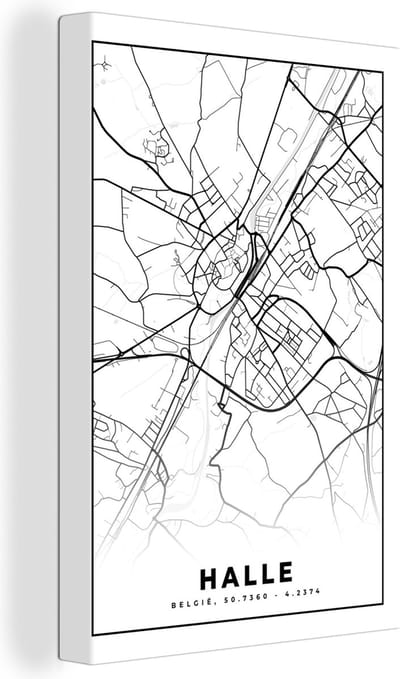 Canvas Schilderij Stadskaart – Plattegrond – België – Zwart Wit – Halle – Kaart - 20x30 cm - Wanddecoratie