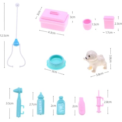 Ensemble de 11 pièces Maison de poupée Maison pour animaux Chiens Traitement médical Bricolage Cadeau d'anniversaire Meubles Jouets mignons pour enfants Pour Barbie Accessoires miniatures 11pcs rose