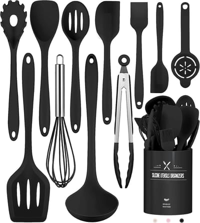 MODFU Silicone Keukengerei Set – 12-delig Kookgerei Set – Hittebestendig tot 210°C – Krasvrij voor Pannen – BPA-vrij – Met Opbergstandaard – Zwart