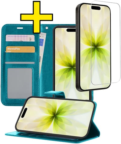 Hoesje - Met Screenprotector - Geschikt voor Apple iPhone 17 - Luxe Pasjeshouder - Bookcase Portemonee - Flip Case - Kunstleer Book Case - Flipcase - Book Cover - Walletcase - Portemonneehoes - Telefoonhoesjes - Turquoise
