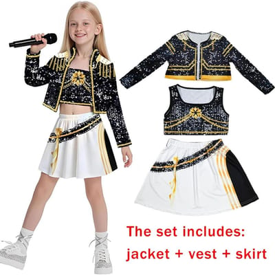 Nieuw Warrior K Pop Verkleedkostuum Rumi Kostuum Zoey Cosplay Mira Kleding Zwart 3D Print Meisjesgroep Dames Halloween Kostuums Outfits 130CM black
