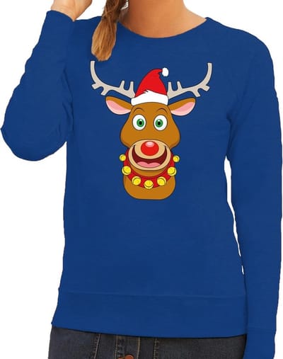 Bellatio Decorations Foute kersttrui - sweater - Rudolf het rendier met rode kerstmuts - blauw - dames - Kersttruien XS