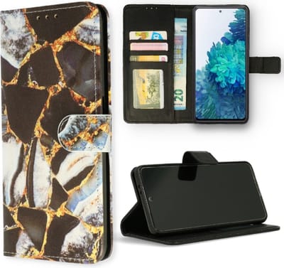 Cityhoesje-Bookcase geschikt voor Samsung S23 – Print Marmer Zwart Pasjeshouder