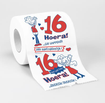 Cadeau toiletpapier/wc-papier rol 16 jaar - 16e verjaardag - Verjaardagscadeau - decoratie/versiering