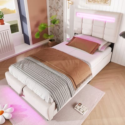 VVBV Gestoffeerd Bed 90x200 cm met LED-Verlichting, App-bediening - Afstandsbediening - Linnen Beige - Zonder Matras