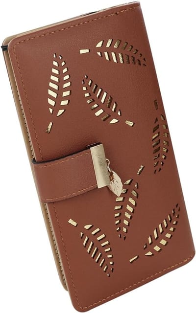 Dames Wallet van PU Leer met Holle Blad Design, Meerdere Kaartslots en Dubbele Sluiting, Bruin, Minimalistisch en Stijlvol