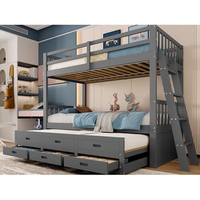 ModernLuxe Stapelbed 90x200cm - met onderschuifbed en 3 lades - in massief grenenhout en MDF - Grijs