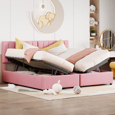 MEUNIQ gestoffeerd bed 180x200 cm met hydraulische opbergruimte, verstelbaar hoofdbord en lattenbodem, ombouwbaar tot 2 bedden, tweepersoonsbed voor slaapkamer, roze