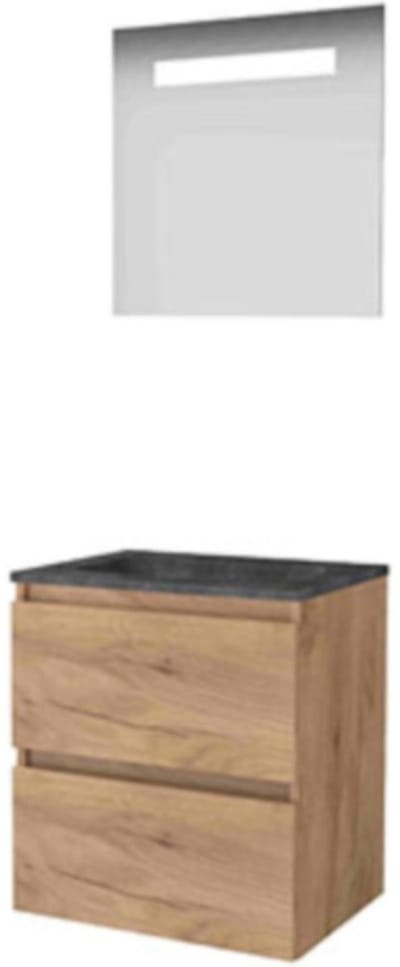 Basic-Line Economic 46 Badkamermeubelset - 60 x 46 cm - Greeploos - 2 Lades - Hardstenen Wastafel - 1 Kraangat - Spiegel met LED Verlichting - Whisky Oak