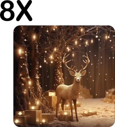 Luxe Placemat - Hert in het Bos met Gouden Gloed - Set van 8 Placemats - 50x50 cm - 2 mm dik Vinyl - Anti Slip - Afneembaar