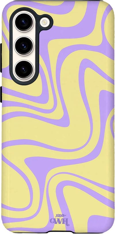 xoxo Wildhearts Sunny Side Up - Hoesje geschikt voor Samsung Galaxy S25 Plus - Siliconen hoesje met dubbele beschermlaag - Luxe case - Stevige backcover - Golvenprint - Golvend patroon - golven - Geel / Paars