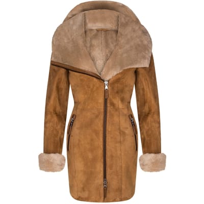 Dames merino schapenvacht jas met capuchon-antiek