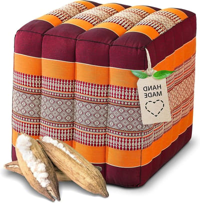 Zitkruk met dobbelsteenpatroon - Zitpouf Voetbank - Ontspannen Zitten - Handgemaakt in Thailand - 40x40x40cm - Oranje