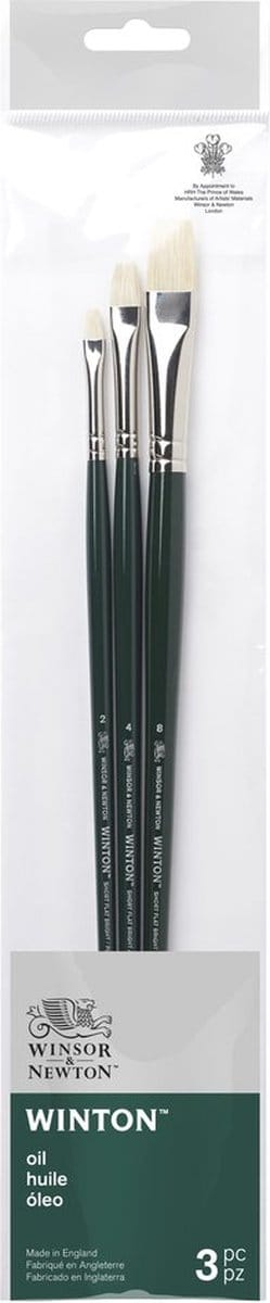 Winsor & Newton 5990608 Winton Oliepenselen Set – 3 Lange Penselen voor Olieverf (Short Flat / Varkenshaar in de maten 2, 4 en 8 )