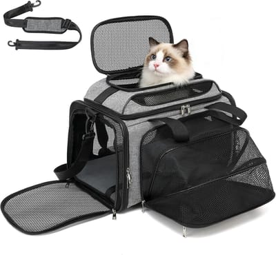 Katten Honden Draagtas - Reismand Transportbox - Vliegtuig Reizen - Inklapbaar Zijuitbreiding - 44x27x27 cm - Grijs Zwart