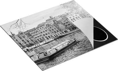 Chefcare Inductie Beschermer Amsterdamse Huisjes vanaf de Grachten - Zwart Wit - 60x50 cm - Afdekplaat Inductie - Kookplaat Beschermer - Inductie Mat