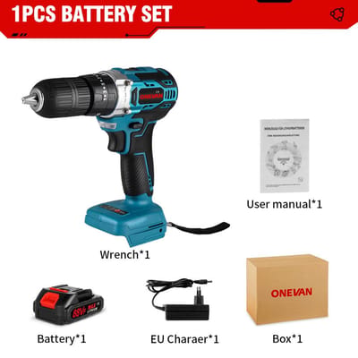 Perceuse à percussion électrique sans balais ONEVAN 1000 W 450 Nm, couple 25 + 3, tournevis électrique sans fil 3 en 1 pour batterie Makita 18 V 1 Battery Set