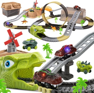 Dinosaurussen Racebaan Speelgoed Set met 255 Onderdelen, Geschikt voor Kinderen van 3 tot 6 Jaar, Inclusief Auto's en Elektrische 360 Looping
