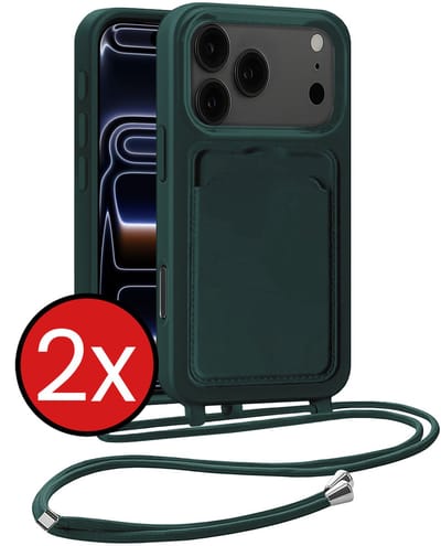 Hoesje Geschikt voor iPhone 17 Pro Max / 18 Pro Max Hoesje Met Telefoonkoord en Pasjeshouder Siliconen - Hoes Geschikt voor iPhone 17 Pro Max / 18 Pro Max Hoesje Met Kaarthouder Case - Donkergroen - 2 PACK
