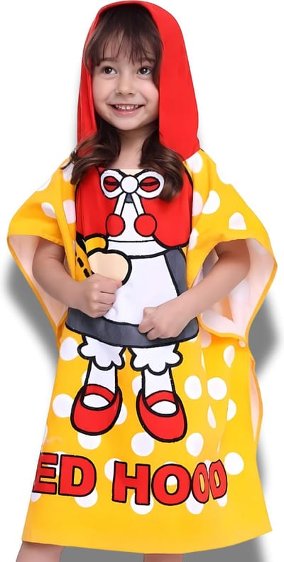 BoefieBoef Kinder Badponcho - Baby Badcape - Microfiber Kleuter Omslagdoek Met Capuchon - Kerst Cadeau - Peuter Strandponcho Voor Kinderen tot 6 jaar - 60x90cm - Roodkapje Sprookje Boek - meisje - Oranje - Zomer - Strandlaken - Surfponcho -Dreumes