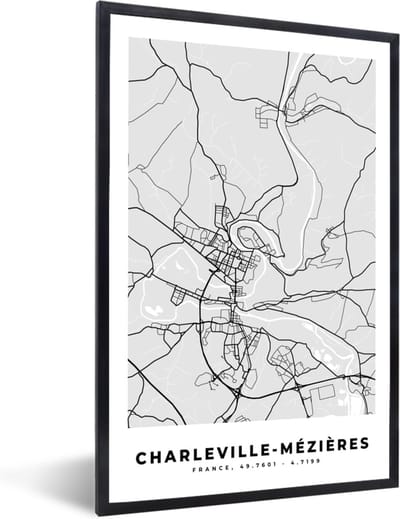 Fotolijst incl. Poster - Stadskaart – Frankrijk – Kaart – Charleville-Mézières – Plattegrond - 40x60 cm - Posterlijst