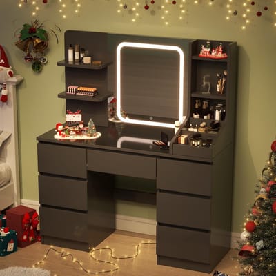 Make-up Schminktisch mit LED Spiegel, 5 Schubladen, Steckdosen & Glasplatte, 120 cm, Moderner Kosmetiktisch für Schlafzimmer und Wohnzimmer – Eiche – Afmetingen op aanvraag – Pauwhome