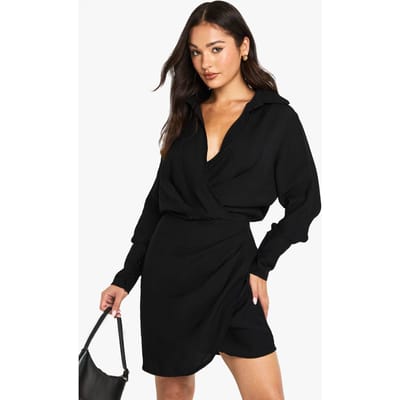 boohoo Dames Lange Jurk met kraag en wikkelontwerp | Zwart | Maat: 34