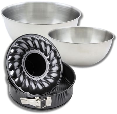 Set met 1 springvorm en savarinvorm 28 cm, 1 spatel Zenker en 2 roestvrijstalen mengkommen Fackelmann