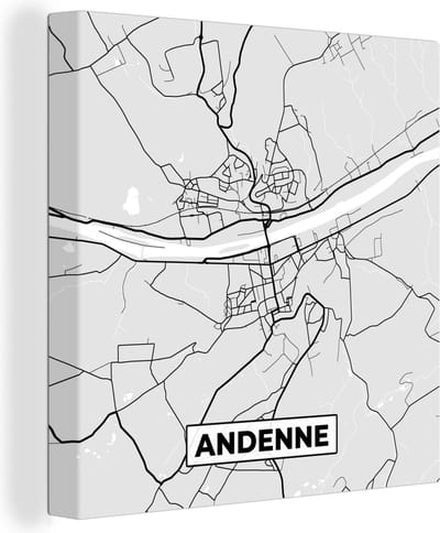 Canvas Schilderij Stadskaart – Zwart Wit - Kaart – Andenne – België – Plattegrond - 20x20 cm - Wanddecoratie