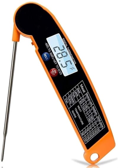 Vleesthermometer - Voedselthermometer - Gekalibreerde snoepthermometer - Digitale keukenthermometer met directe uitlezing - Geschikt voor buitengrillen met verborgen extra lange voedselsonde - Oranje Zwart