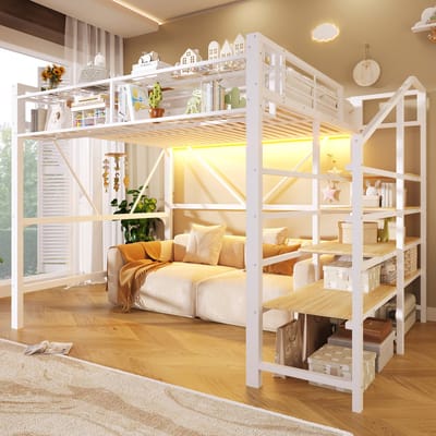 Sweiko Hoogslaper - 140 x 200 cm - Metalen bedframe - Opbergplank - LED-verlichting - Wit (zonder bank)