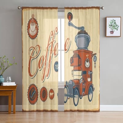 Vintage Auto Met Koffiemolen Op Dak Transparante Gordijnen voor Woonkamer Tule Raamgordijn Slaapkamer Keuken Sluier Draperieën 135W x 114H(cm) beige